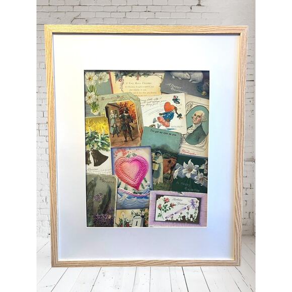 16x20” Framed Matted Vintage Early Victorian Floral Hearts Postcard Collage - Picture 1 of 2